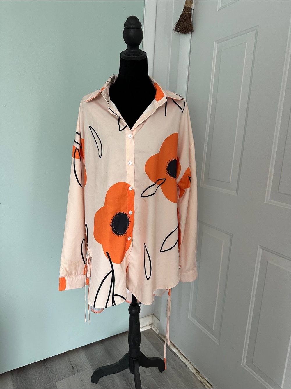 Peach Floral Button-Down Shirt with Orange Bloom